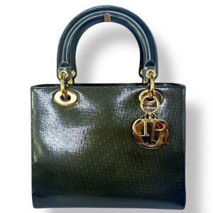 DIOR Olive Green Monogram Patent Leather Lady Dior Bag